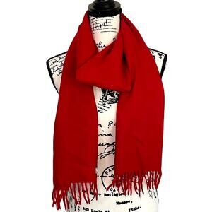 Vintage 100% Lambswool Fringe Scarf Rectangle Cherry Red Made in Italy Holiday